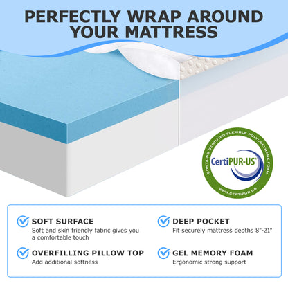 AIRHOT Dual Layer 3 Inch Memory Foam Mattress Topper, 2 Inch Gel Memory Foam and 1 Inch Cooling Pillow Top Mattress Pad Cover